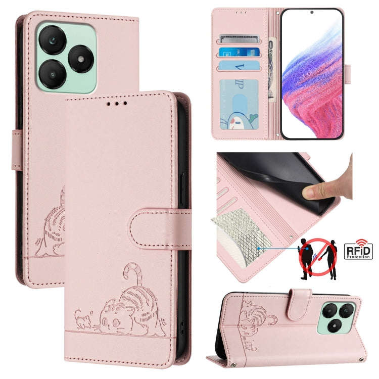 For Wiko T20 Cat Rat Embossed RFID Leather Phone Case with Lanyard(Pink)