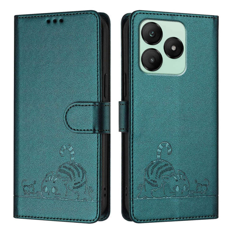 For Wiko T20 Cat Rat Embossed RFID Leather Phone Case with Lanyard(Peacock Green)