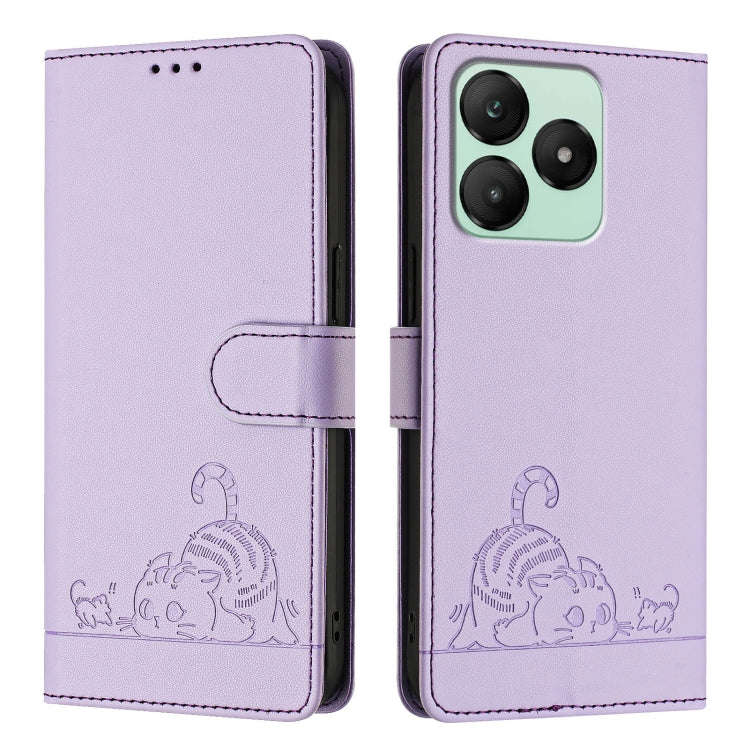 For Wiko T20 Cat Rat Embossed RFID Leather Phone Case with Lanyard(Purple)