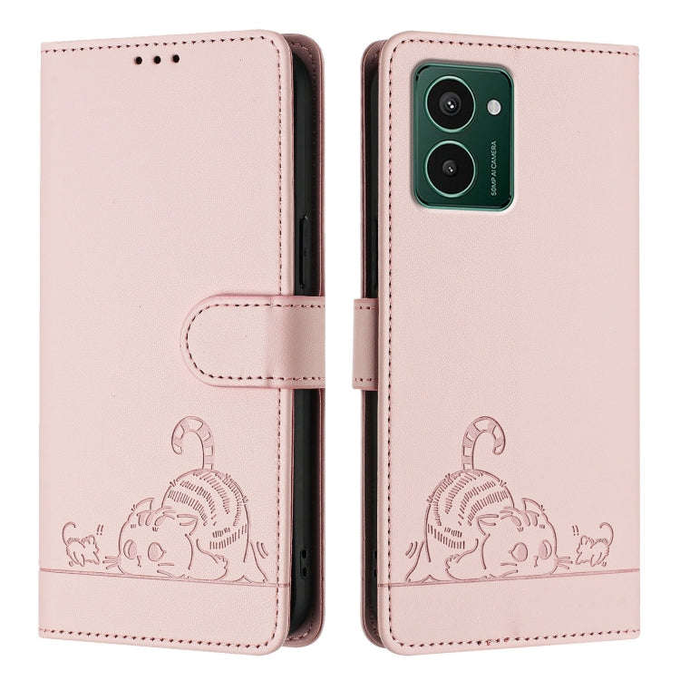 For HMD Pulse Pro Cat Rat Embossed RFID Leather Phone Case with Lanyard(Pink)