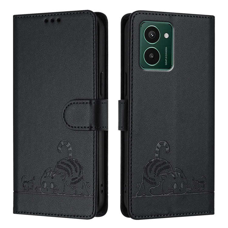 For HMD Pulse Pro Cat Rat Embossed RFID Leather Phone Case with Lanyard(Black)