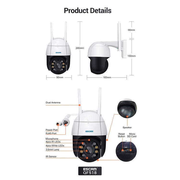 ESCAM QF518 5MP Smart WiFi IP Camera, Support AI Humanoid Detection / Auto Tracking / Dual Light ...