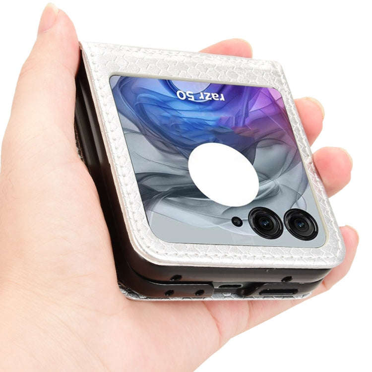 For Motorola Razr 50 Honeycomb Dot Texture Card Slot Leather Phone Case(Silver)