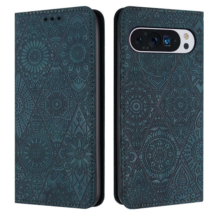 For Google Pixel 9 / 9 Pro Ethnic Embossed Adsorption Leather Phone Case(Blue)