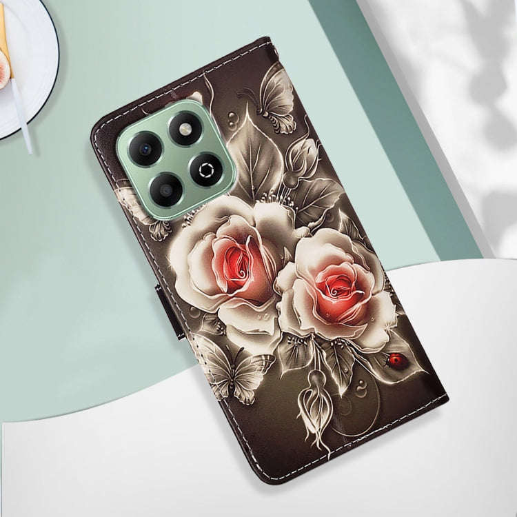 For Honor X6b Colored Drawing Pattern Plain Weave Leather Phone Case(Roses On Black)
