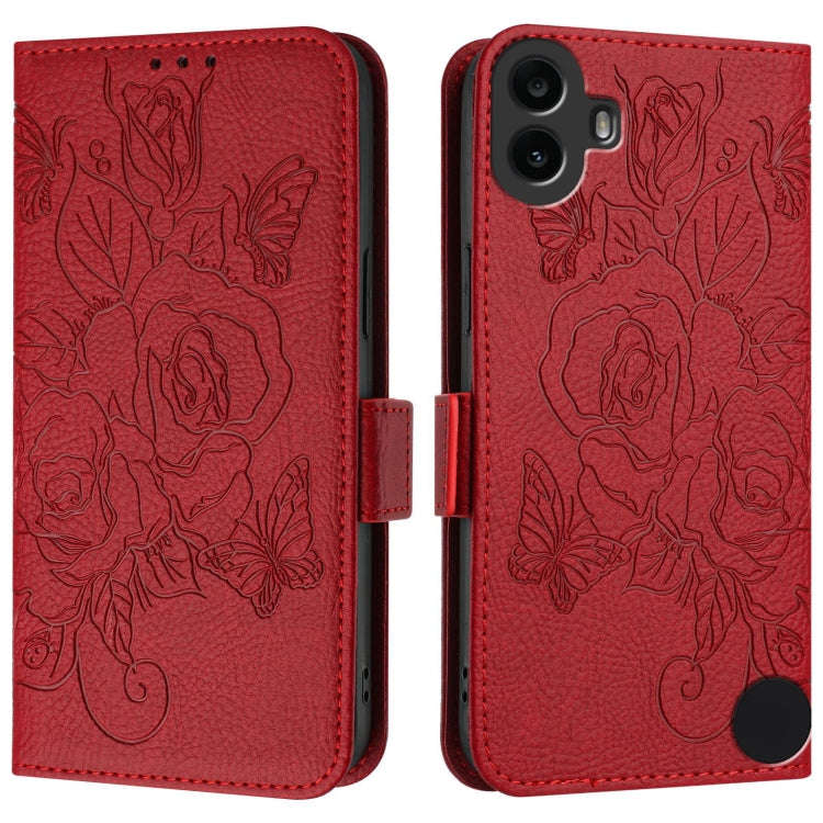 For Nothing CMF Phone 1 Embossed Rose RFID Anti-theft Leather Phone Case(Red)