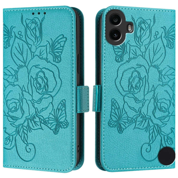 For Nothing CMF Phone 1 Embossed Rose RFID Anti-theft Leather Phone Case(Light Blue)