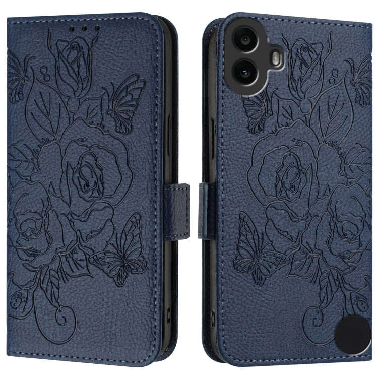 For Nothing CMF Phone 1 Embossed Rose RFID Anti-theft Leather Phone Case(Dark Blue)