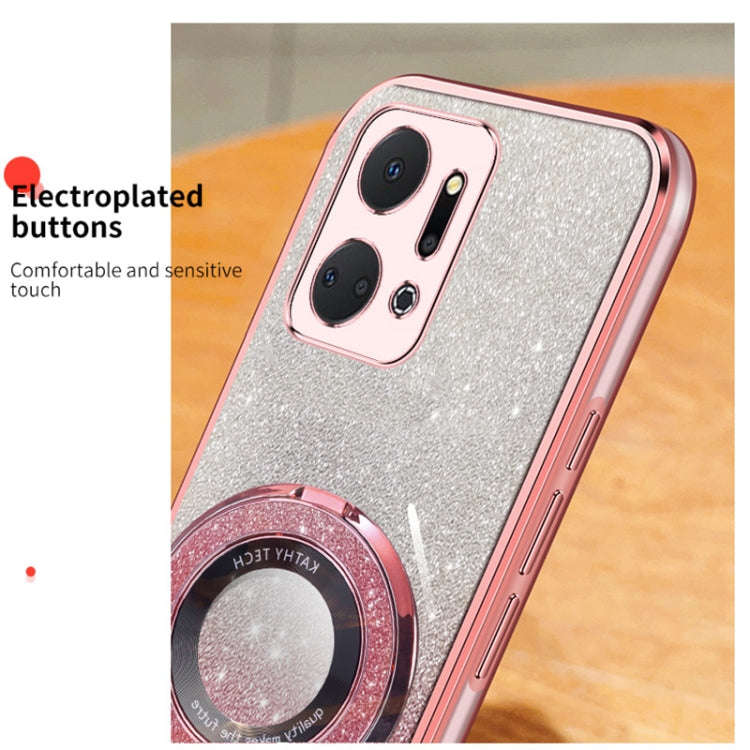 For Honor X7a Plated Gradient Glitter Round Holder TPU Phone Case(Pink)