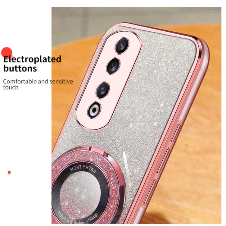 For Honor 90 Pro Plated Gradient Glitter Round Holder TPU Phone Case(Pink)