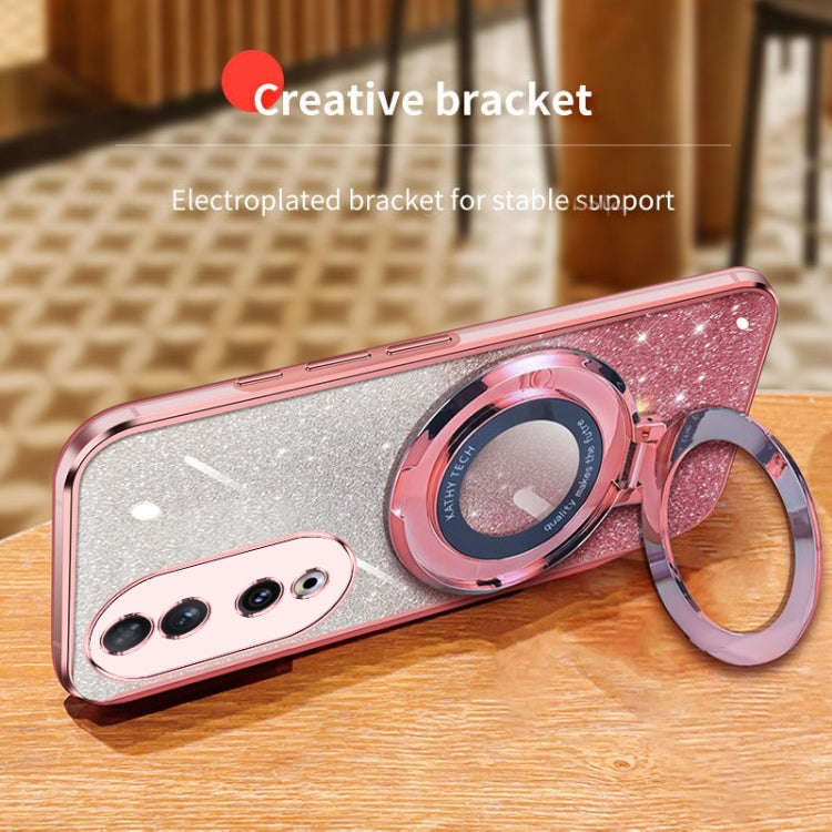 For Honor 90 Plated Gradient Glitter Round Holder TPU Phone Case(Pink)