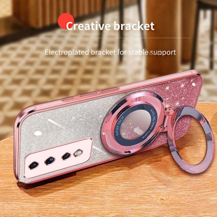 For Honor 80 GT Plated Gradient Glitter Round Holder TPU Phone Case(Pink)