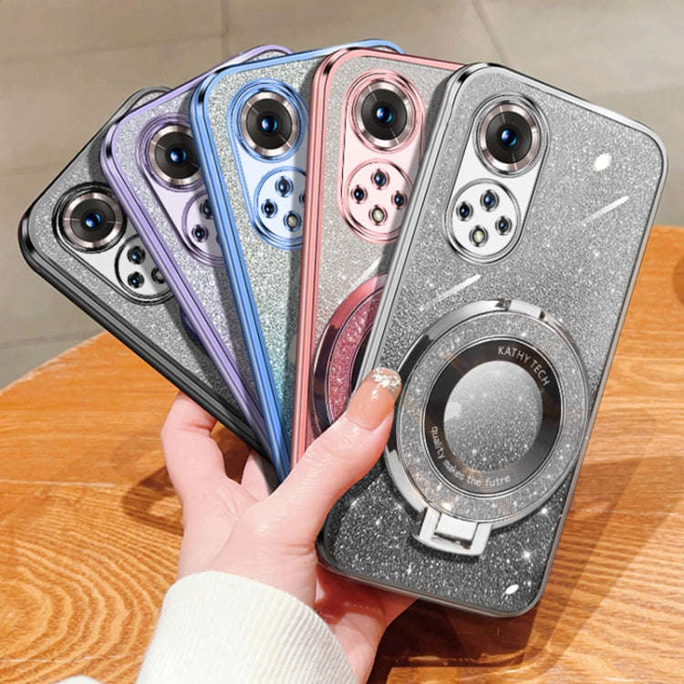 For Honor 50 Pro Plated Gradient Glitter Round Holder TPU Phone Case(Silver)