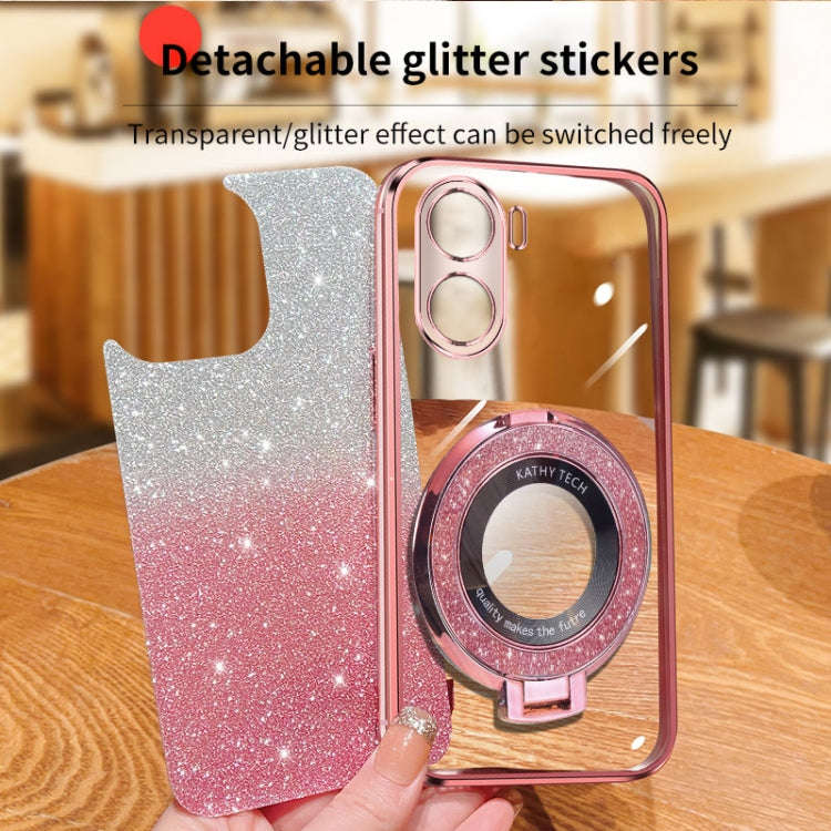 For Honor Play 40 Plus Plated Gradient Glitter Round Holder TPU Phone Case(Pink)