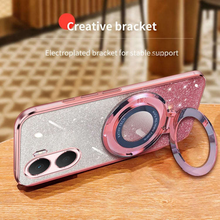 For Honor Play 40 Plus Plated Gradient Glitter Round Holder TPU Phone Case(Pink)