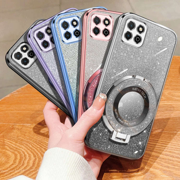 For Honor Play 20 Plated Gradient Glitter Round Holder TPU Phone Case(Purple)