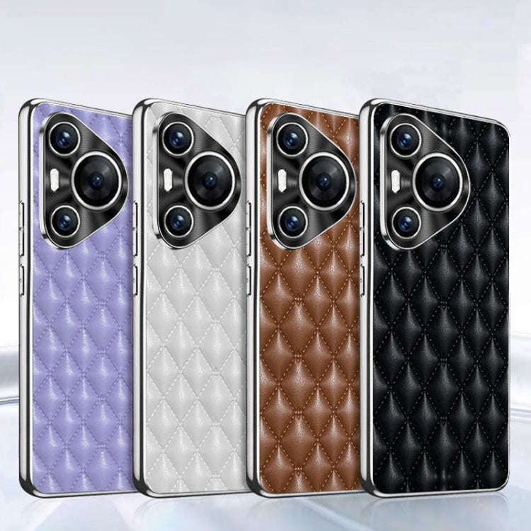 For Huawei Pura 70 Pro / 70 Pro+ Silver Edge Rhombic Texture PU Leather Phone Case(Brown)