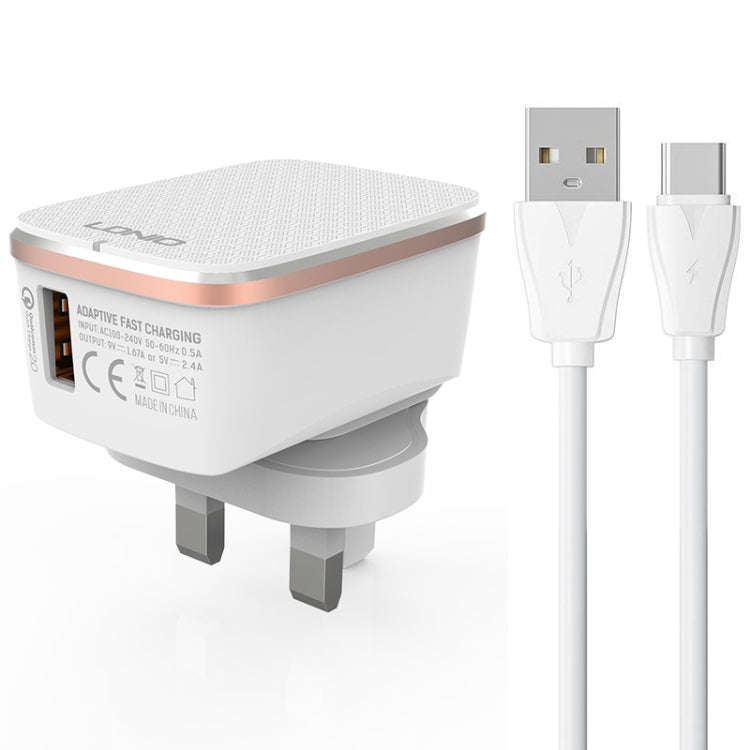 LDNIO A1204Q QC3.0 18W USB Fast Charger with 1m USB to USB-C / Type-C Cable, Plug Type:UK Plug(Wh...
