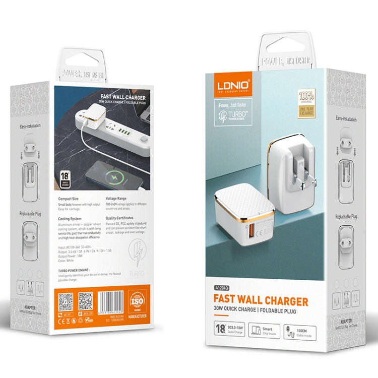 LDNIO A1204Q QC3.0 18W USB Fast Charger with 1m USB to USB-C / Type-C Cable, Plug Type:EU Plug(Wh...