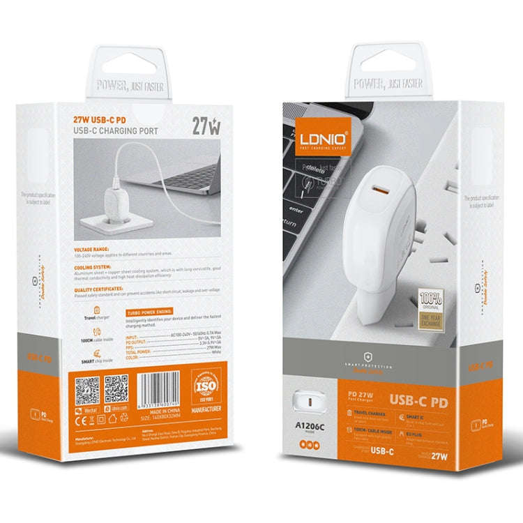 LDNIO A1206C PD27W USB-C / Type-C Fast Charger with 1m Type-C Cable, Plug Type:EU Plug(White)