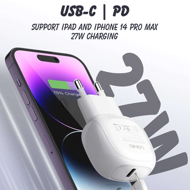 LDNIO A1206C PD27W USB-C / Type-C Fast Charger with 1m Type-C Cable, Plug Type:EU Plug(White)