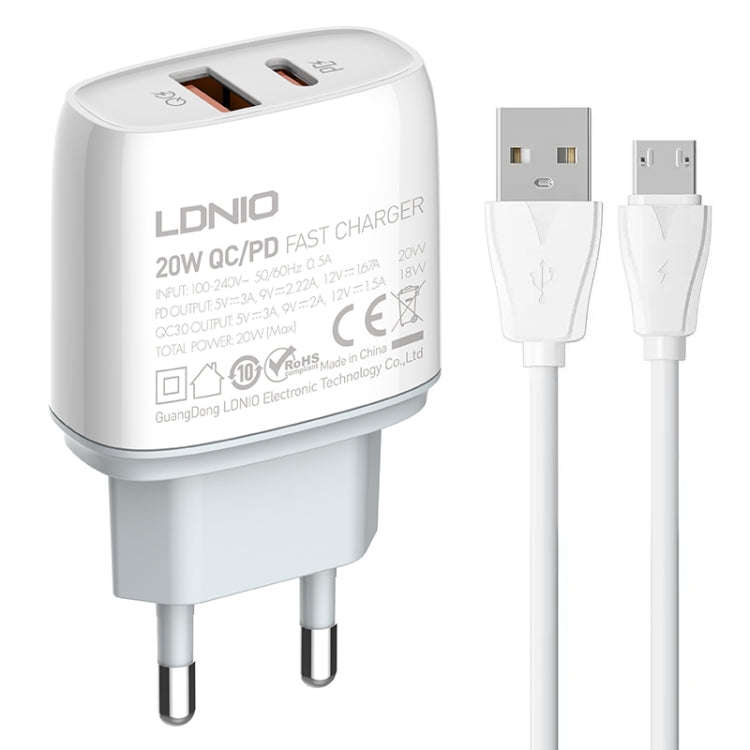LDNIO Q229 QC3.0 / PD20W USB + Type-C Fast Charger with 1m USB to Micro USB Cable, Plug Type:EU P...