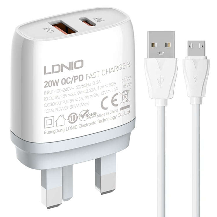 LDNIO Q229 QC3.0 / PD20W USB + Type-C Fast Charger with 1m USB to Micro USB Cable, Plug Type:UK P...