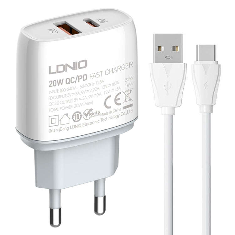 LDNIO Q229 QC3.0 / PD20W USB + Type-C Fast Charger with 1m USB to Type-C Cable, Plug Type:EU Plug...