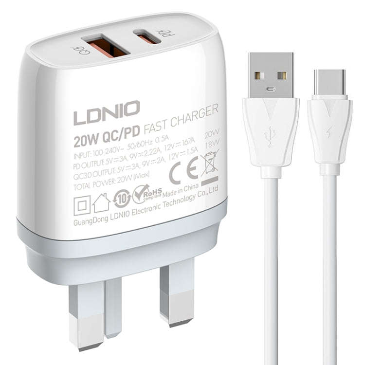 LDNIO Q229 QC3.0 / PD20W USB + Type-C Fast Charger with 1m USB to Type-C Cable, Plug Type:UK Plug...