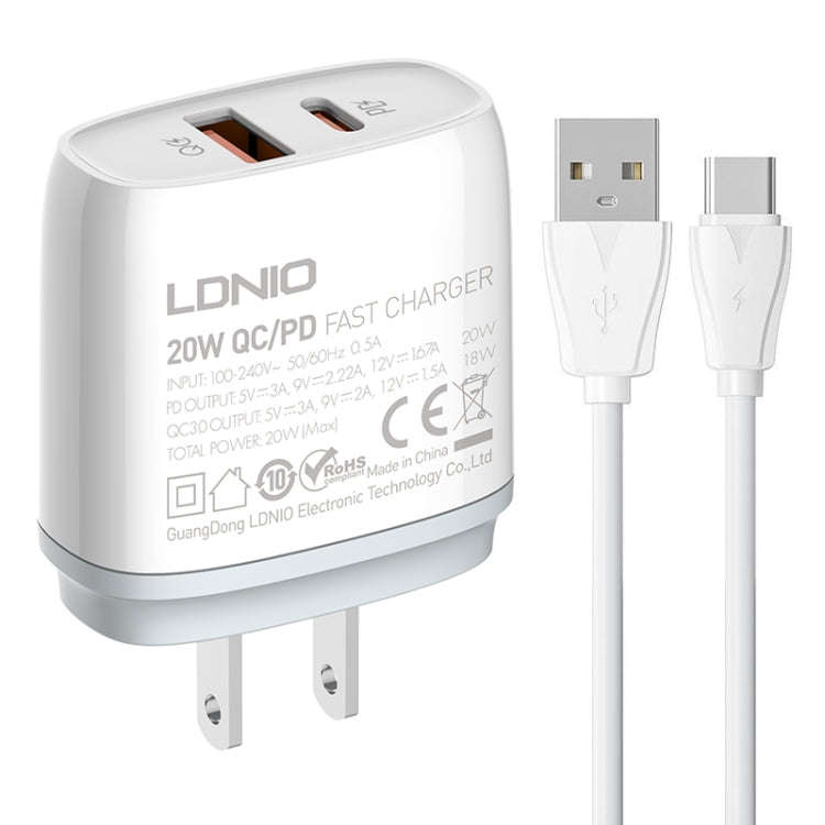 LDNIO Q229 QC3.0 / PD20W USB + Type-C Fast Charger with 1m USB to Type-C Cable, Plug Type:US Plug...