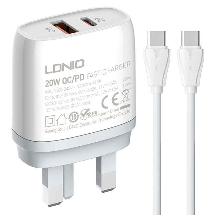 LDNIO Q229 QC3.0 / PD20W USB + Type-C Fast Charger with 1m Type-C to Type-C Cable, Plug Type:UK P...