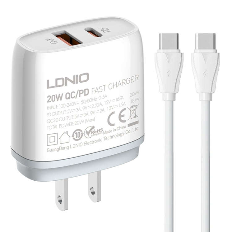 LDNIO Q229 QC3.0 / PD20W USB + Type-C Fast Charger with 1m Type-C to Type-C Cable, Plug Type:US P...