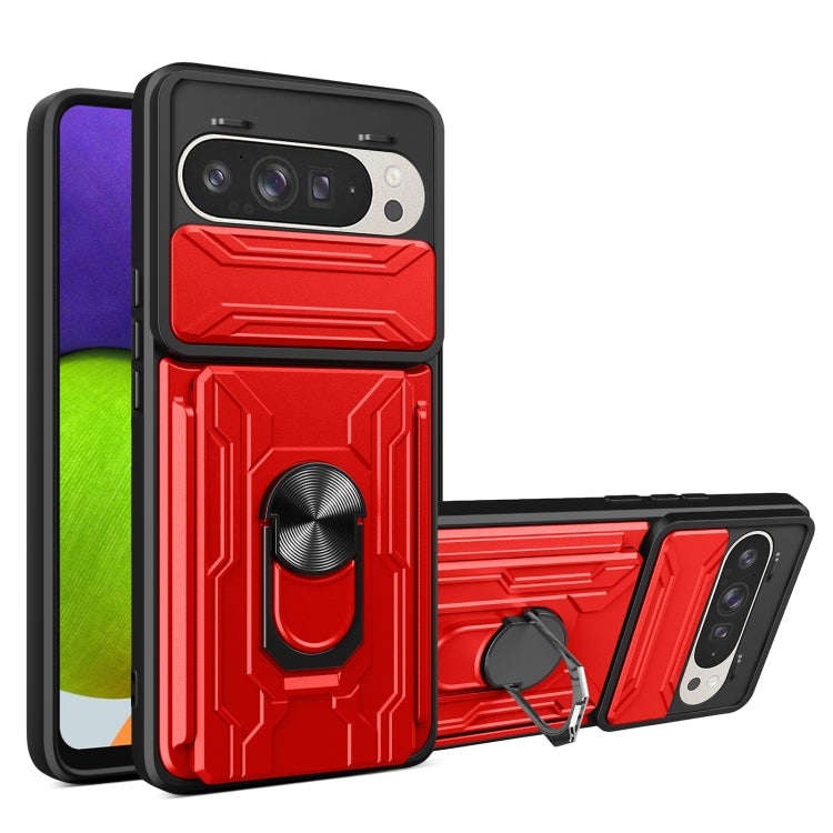 For Google Pixel 9 / 9 Pro Sliding Camshield TPU+PC Phone Case with Card Slot(Red)