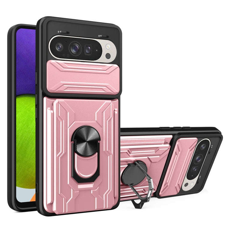 For Google Pixel 9 / 9 Pro Sliding Camshield TPU+PC Phone Case with Card Slot(Rose Gold)