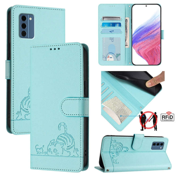 For Nokia C300 Cat Rat Embossed RFID Leather Phone Case with Lanyard(Mint Green)