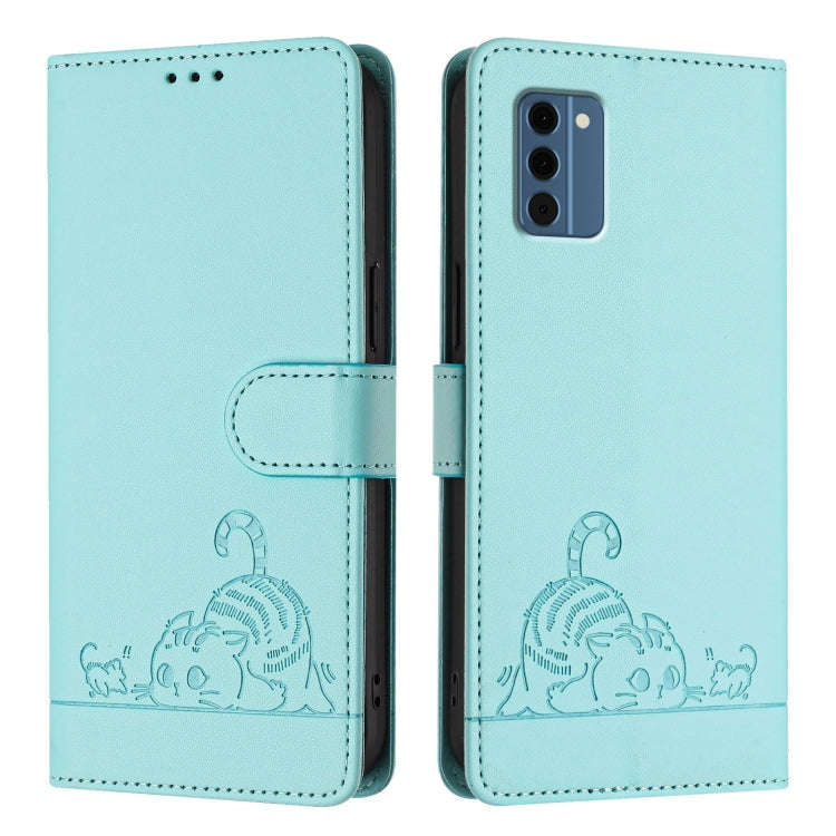 For Nokia C300 Cat Rat Embossed RFID Leather Phone Case with Lanyard(Mint Green)