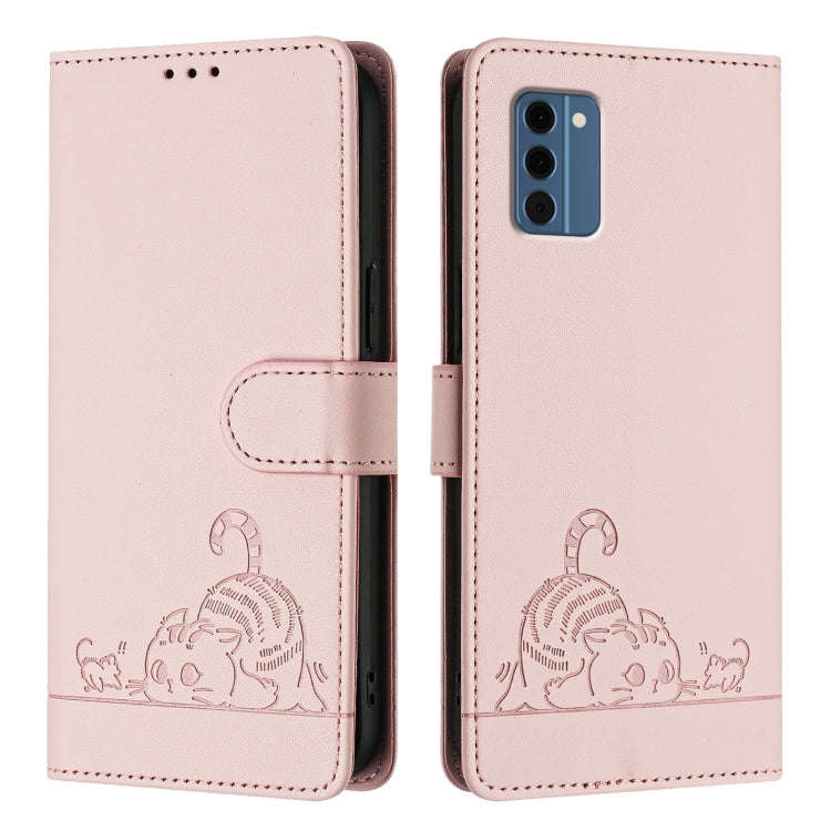 For Nokia C300 Cat Rat Embossed RFID Leather Phone Case with Lanyard(Pink)