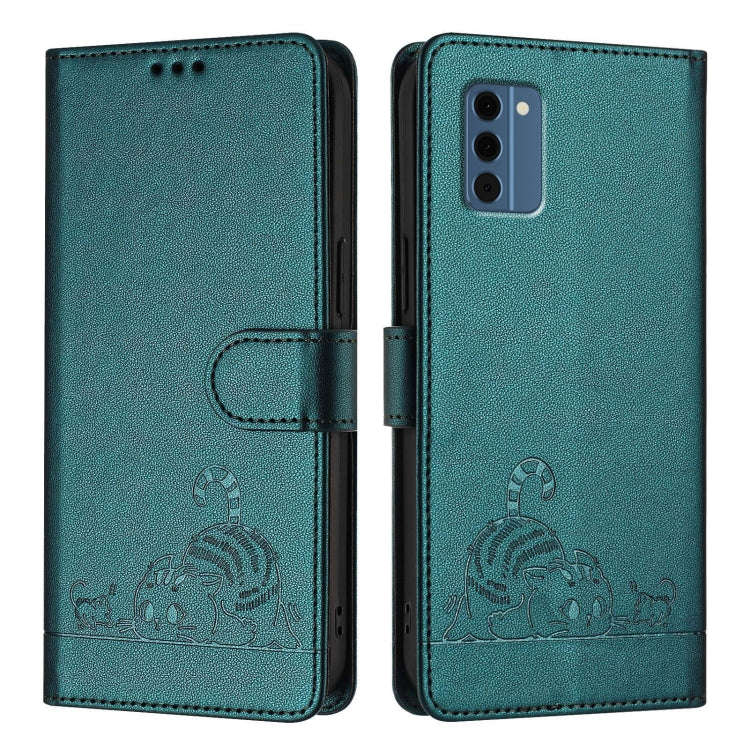 For Nokia C300 Cat Rat Embossed RFID Leather Phone Case with Lanyard(Peacock Green)