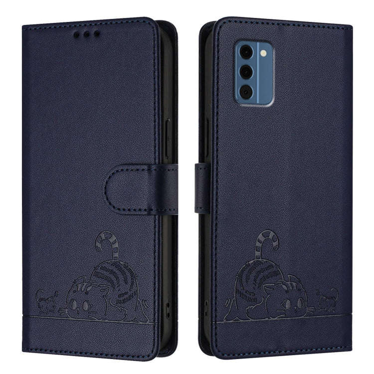 For Nokia C300 Cat Rat Embossed RFID Leather Phone Case with Lanyard(Blue)