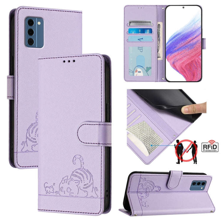 For Nokia C300 Cat Rat Embossed RFID Leather Phone Case with Lanyard(Purple)