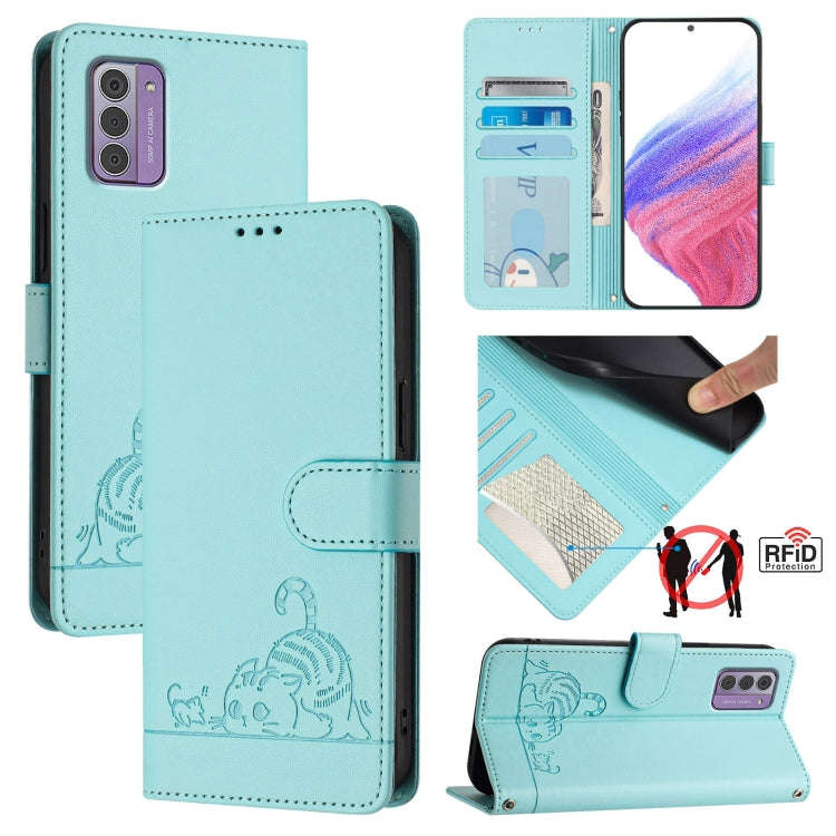 For Nokia G42 / G310 Cat Rat Embossed RFID Leather Phone Case with Lanyard(Mint Green)