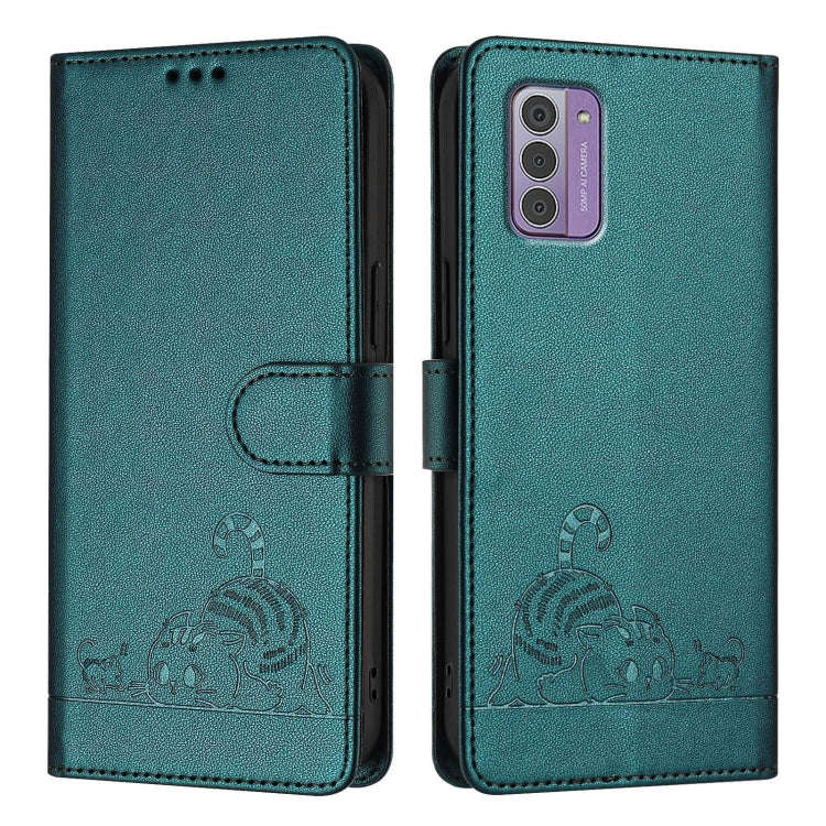 For Nokia G42 / G310 Cat Rat Embossed RFID Leather Phone Case with Lanyard(Peacock Green)