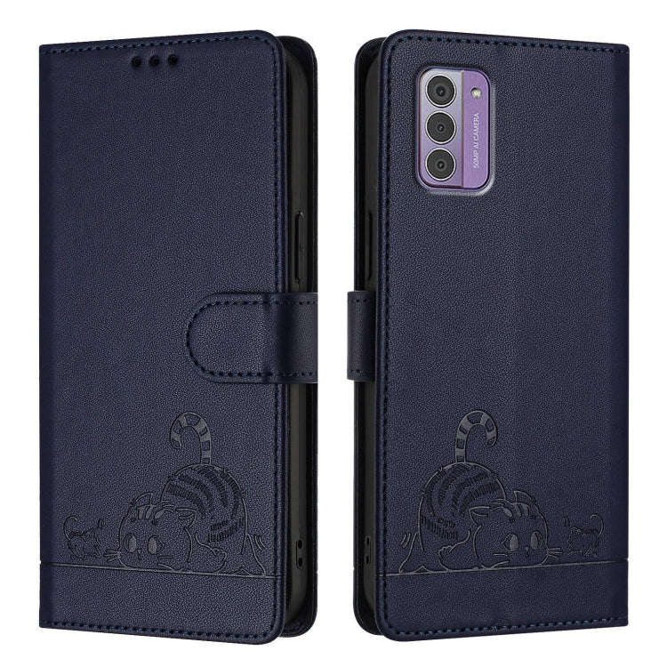 For Nokia G42 / G310 Cat Rat Embossed RFID Leather Phone Case with Lanyard(Blue)