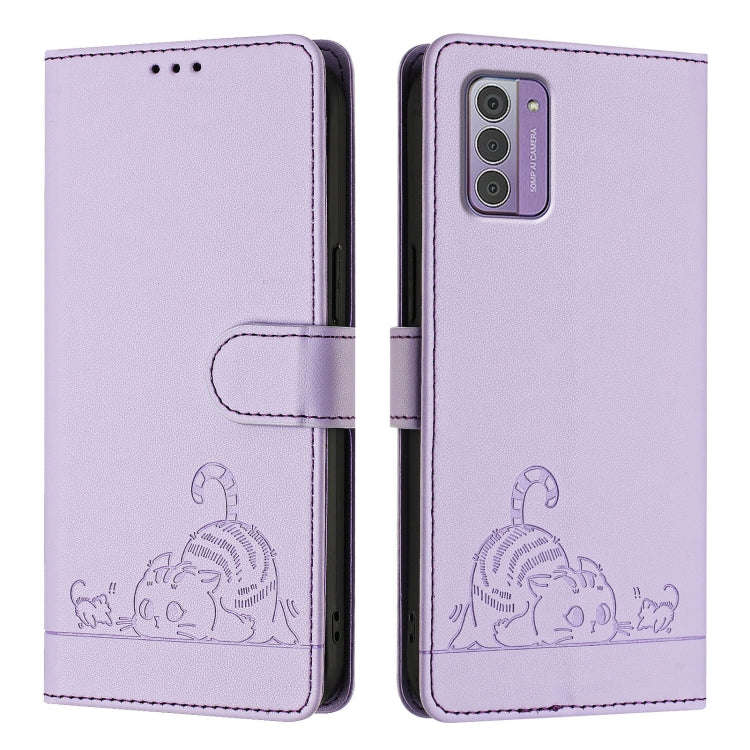 For Nokia G42 / G310 Cat Rat Embossed RFID Leather Phone Case with Lanyard(Purple)
