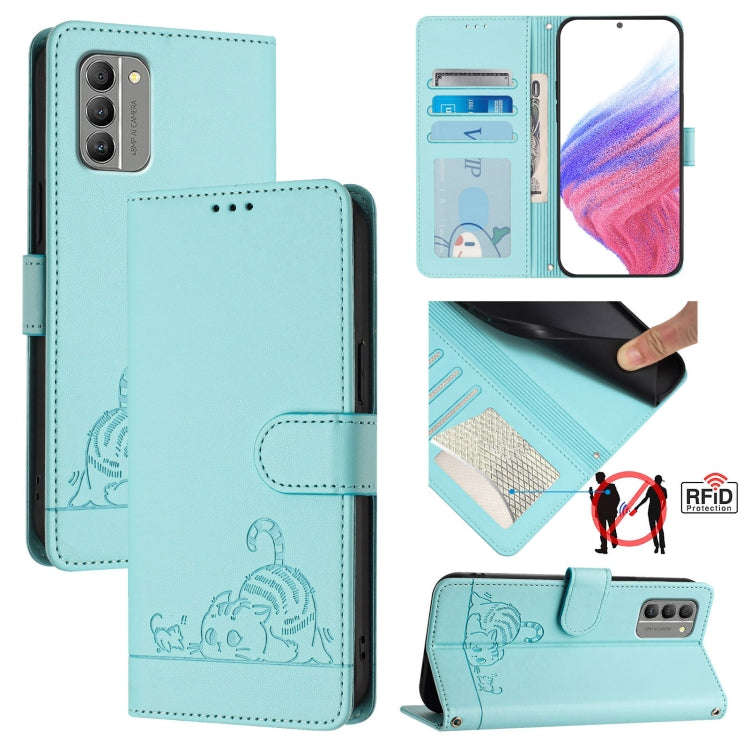 For Nokia G400 Cat Rat Embossed RFID Leather Phone Case with Lanyard(Mint Green)