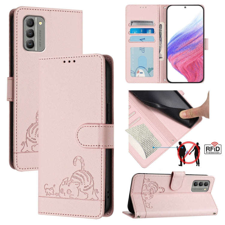 For Nokia G400 Cat Rat Embossed RFID Leather Phone Case with Lanyard(Pink)