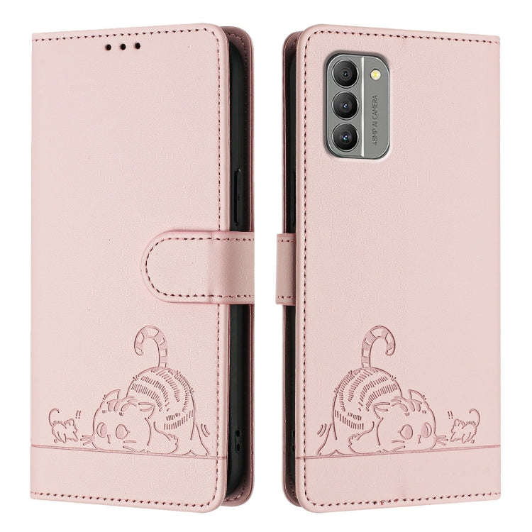 For Nokia G400 Cat Rat Embossed RFID Leather Phone Case with Lanyard(Pink)