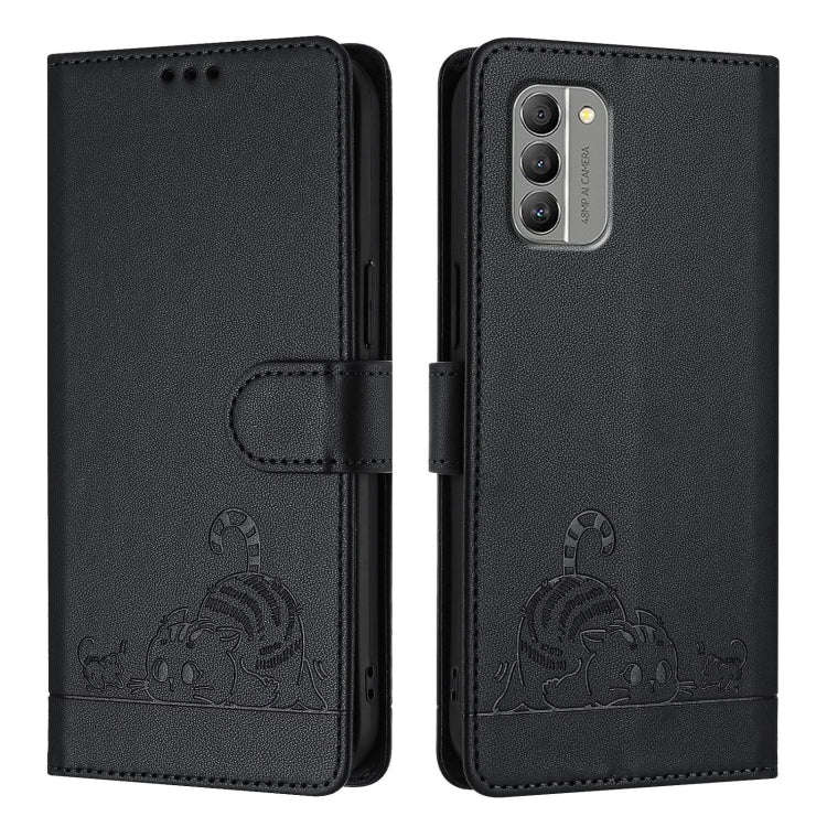 For Nokia G400 Cat Rat Embossed RFID Leather Phone Case with Lanyard(Black)