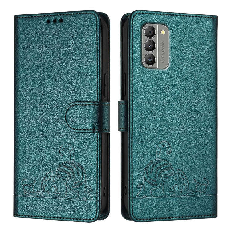 For Nokia G400 Cat Rat Embossed RFID Leather Phone Case with Lanyard(Peacock Green)