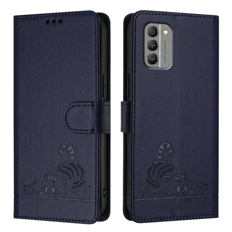 For Nokia G400 Cat Rat Embossed RFID Leather Phone Case with Lanyard(Blue)